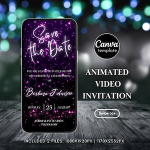 Digital Black Pink Neon Save the Date Animated Video Invitation for Woman Minimalist Save The Date Instant Download Editable Template 38