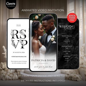 Schwarzweiß-Video-Hochzeitseinladungsvorlage, bearbeitbare animierte Hochzeitseinladung RSVP Save The Date Template Digital Canva Template 740