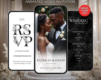 Black and White Video Wedding Invite Template, Editable Animated Wedding Invitation RSVP Save The Date Template Digital Canva Template 740
