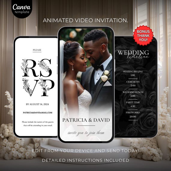 Black and White Video Wedding Invite Template, Editable Animated Wedding Invitation RSVP Save The Date Template Digital Canva Template 740