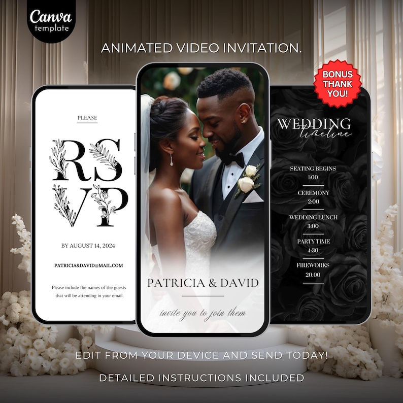 May include: A black and white animated video invitation for a wedding. The invitation features a photo of the couple, a RSVP section with a deadline, and a wedding timeline with times for seating, ceremony, lunch, party, and fireworks.
