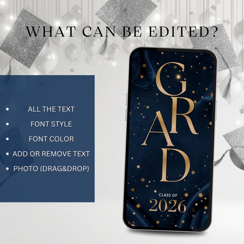 Puede incluir: Un tel&eacute;fono inteligente muestra la palabra "GRAD" en letras doradas sobre un fondo azul oscuro con confeti dorado. El texto "CLASS OF 2026" est&aacute; debajo. La imagen tambi&eacute;n muestra el texto: "WHAT CAN BE EDITED?" y una lista de funciones editables.