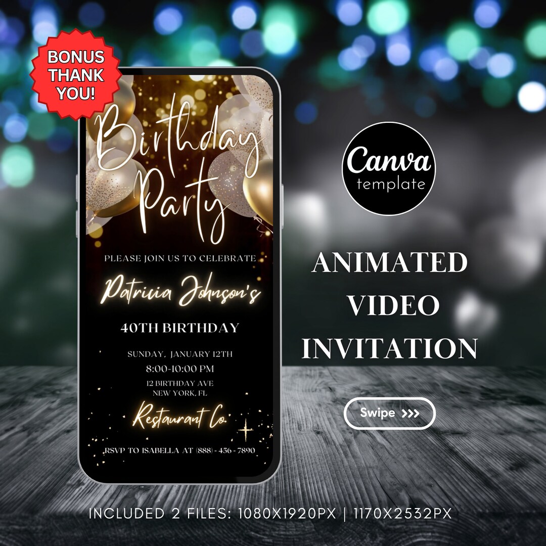 Editable Black and Gold Birthday Party Invitation Template Digital ...