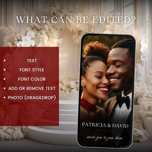 以下が含まれることがあります： カップルが写っている写真、"PATRICIA & DAVID"というテキスト、"invite you to join them"というテキストが書かれたデジタル結婚式招待状テンプレートです。このテンプレートは、テキスト、フォントスタイル、フォントカラー、テキストの追加または削除、写真の変更が可能です。