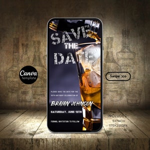 Invitación de cumpleaños con temática de whisky para hombre Invitación digital animada para fiesta sorpresa de cumpleaños Plantilla editable de whisky Guardar la fecha 318