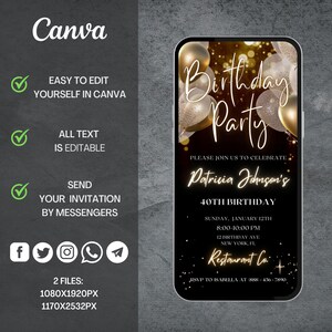 Editable Black and Gold Birthday Party Invitation Template Digital ...