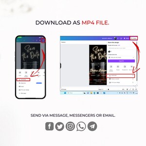 Puede incluir: Una captura de pantalla de una pantalla de ordenador que muestra una plantilla de dise&ntilde;o para una tarjeta de guardar la fecha. La tarjeta presenta un fondo negro con texto dorado que dice "Save the Date". La tarjeta tambi&eacute;n incluye los nombres "Barbara Johnson" y la fecha "August 25". La pantalla muestra opciones para descargar, compartir o imprimir el dise&ntilde;o.
