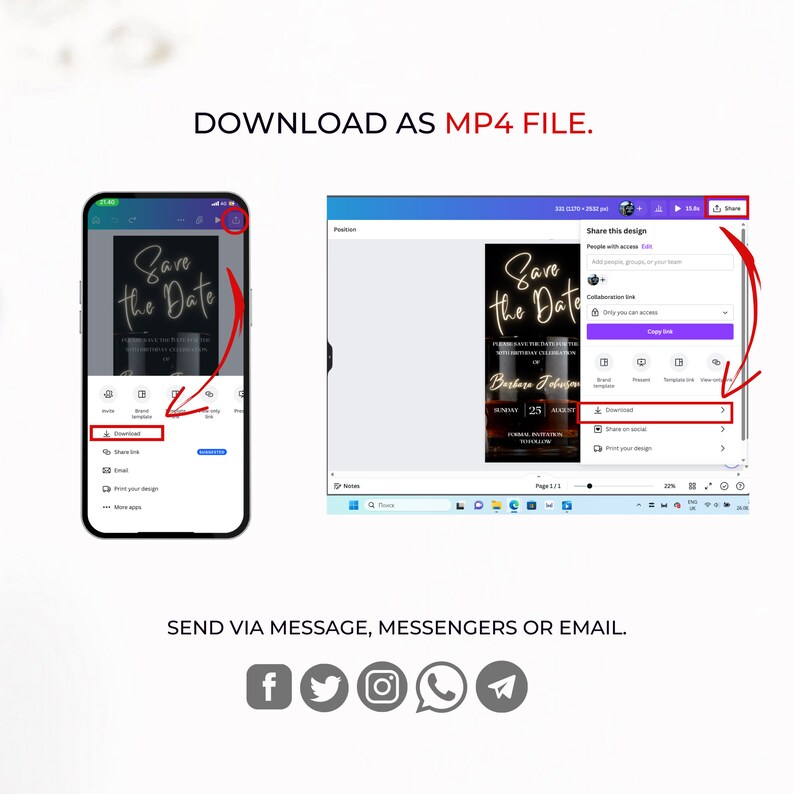Puede incluir: Una captura de pantalla de una pantalla de ordenador que muestra una plantilla de dise&ntilde;o para una tarjeta de guardar la fecha. La tarjeta presenta un fondo negro con texto dorado que dice "Save the Date". La tarjeta tambi&eacute;n incluye los nombres "Barbara Johnson" y la fecha "August 25". La pantalla muestra opciones para descargar, compartir o imprimir el dise&ntilde;o.