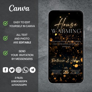 K&ouml;nnte beinhalten: Eine digitale Einladung zu einer Einweihungsfeier mit goldenem Glitzerhintergrund. Der Text lautet "House Warming" und "Bitte feiern Sie mit uns eine Einweihungsfeier mit Abendessen und Getr&auml;nken zu Ehren von Patricia & Adam. Samstag, 25. August um 14:00 Uhr."