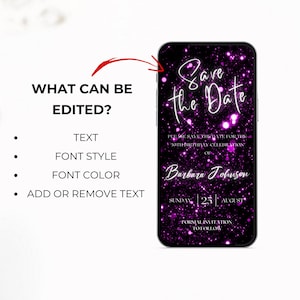 Puede incluir: Una tarjeta digital de guardar la fecha de color morado y negro con un fondo de purpurina brillante. El texto dice "Save the Date" con un contorno blanco. La tarjeta es para la celebraci&oacute;n del 30 cumplea&ntilde;os de Barbara Johnson el domingo 25 de agosto. El texto "Formal Invitation to Follow" est&aacute; en la parte inferior de la tarjeta.
