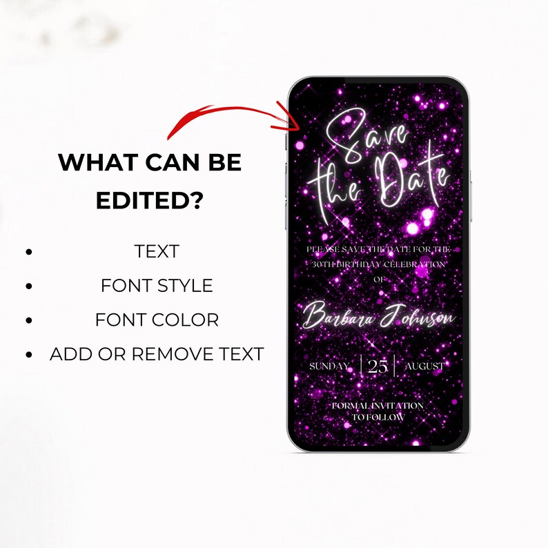 Puede incluir: Una tarjeta digital de guardar la fecha de color morado y negro con un fondo de purpurina brillante. El texto dice "Save the Date" con un contorno blanco. La tarjeta es para la celebraci&oacute;n del 30 cumplea&ntilde;os de Barbara Johnson el domingo 25 de agosto. El texto "Formal Invitation to Follow" est&aacute; en la parte inferior de la tarjeta.