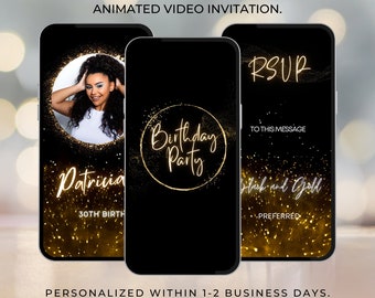 Editable Birthday Invitation Template Black and Gold Birthday invite for girls Birthday party invitation with photo Animated Video  71