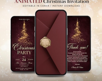 Invito di Natale animato di lusso / Elegante invito digitale bordeaux e oro / Modello Canva / Invito per festa di Natale