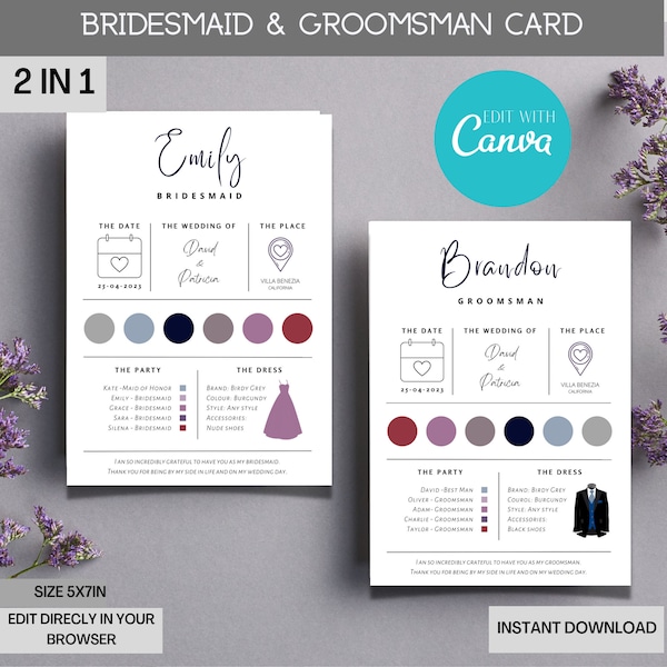 Bridesmaid Information Card template Bridesmaid Groomsman Template Customizable bridal party information card Modern Minimalist Infographic