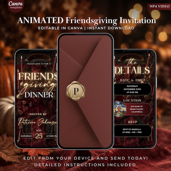 Friendsgiving Invitation Digital Evite, Editable Thanksgiving Dinner Invite, Cozy Fall Friendsgiving Party Video Template