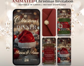 Animierte Einladungsvorlage für das Weihnachtsessen, elegante digitale Einladung zur Weihnachtsfeier, festliches rotes Canva-Design, herzliche digitale Weihnachtseinladung