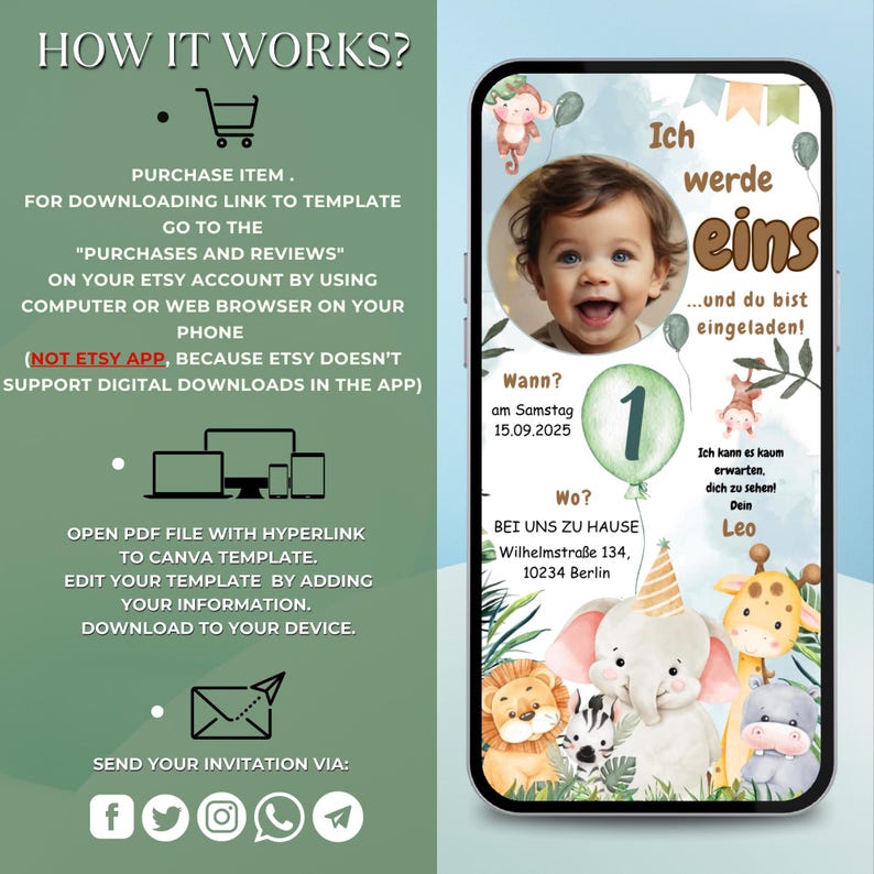 May include: A green and white digital invitation with a jungle animal theme. The invitation says "Ich werde eins...und du bist eingeladen!" and features a photo of a baby boy. The invitation also includes the text "Wann? am Samstag 15.09.2025" and "Wo? BEI UNS ZU HAUSE Wilhelmstra&szlig;e 134, 10234 Berlin".
