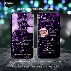 Purple Birthday Invitation Editable Template Digital Birthday Dinner Animated Video Invite instant Download Electronic Bday mobile invite