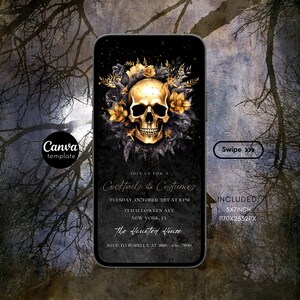 Invito modificabile per una festa di Halloween per adulti Invito per una festa in costume di Halloween Modello di invito con teschio gotico Invito di Halloween stampabile
