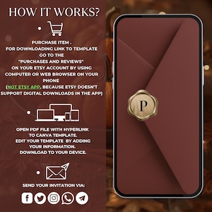 May include: A smartphone displaying a dark red envelope with a gold wax seal featuring the letter P. Text instructions explain how to purchase, download, and edit a digital template via a web browser, including icons for a shopping cart, devices, and social media.