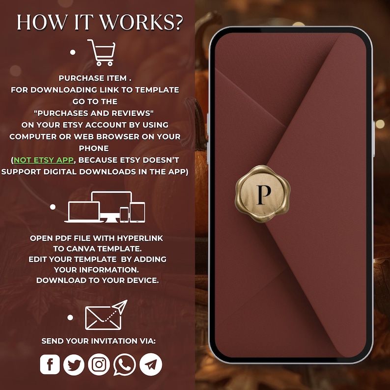 May include: A smartphone displaying a dark red envelope with a gold wax seal featuring the letter P. Text instructions explain how to purchase, download, and edit a digital template via a web browser, including icons for a shopping cart, devices, and social media.