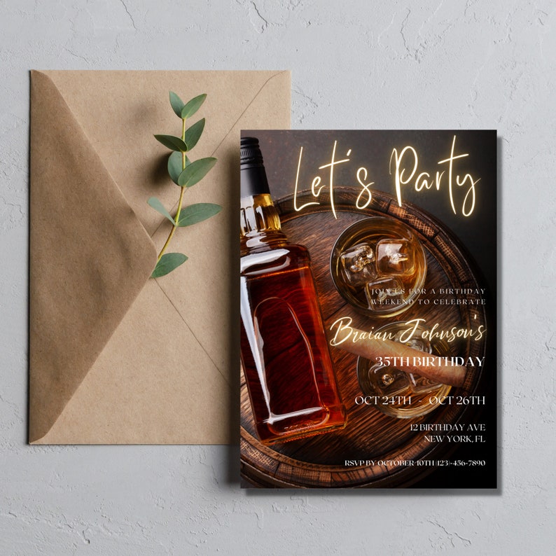 Puede incluir: Una invitaci&oacute;n a una fiesta de cumplea&ntilde;os con un fondo de madera r&uacute;stico. La invitaci&oacute;n presenta una botella de whisky, un vaso de whisky con hielo y un cigarro. El texto de la invitaci&oacute;n dice "Let's Party", "Brian Johnson's 35th Birthday", "Oct 24th - Oct 26th", "12 Birthday Ave, New York, FL", y "RSVP by October 10th 123-456-7800".