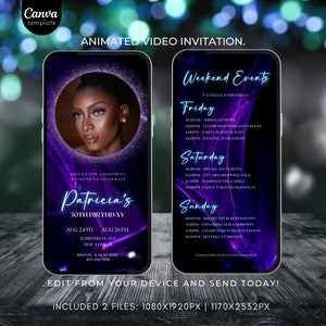 Editable Birthday Invitation Template Weekend Itinerary Video Purple Birthday invite for girls Birthday party Invitation with photo 349