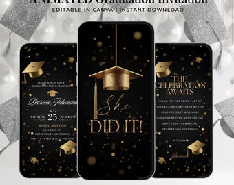 She Did It Graduation Invitation Template 2026, Animated Graduation Evite, Editable Canva Grad Party Invite, Black Gold Grad Invite