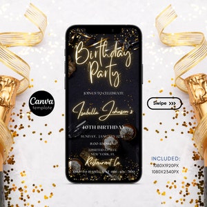 Geburtstagsparty Digitale Einladungsvorlage Schwarz und Gold Handy einladen Dinner Party elektronischer Text einladen Sofort Download