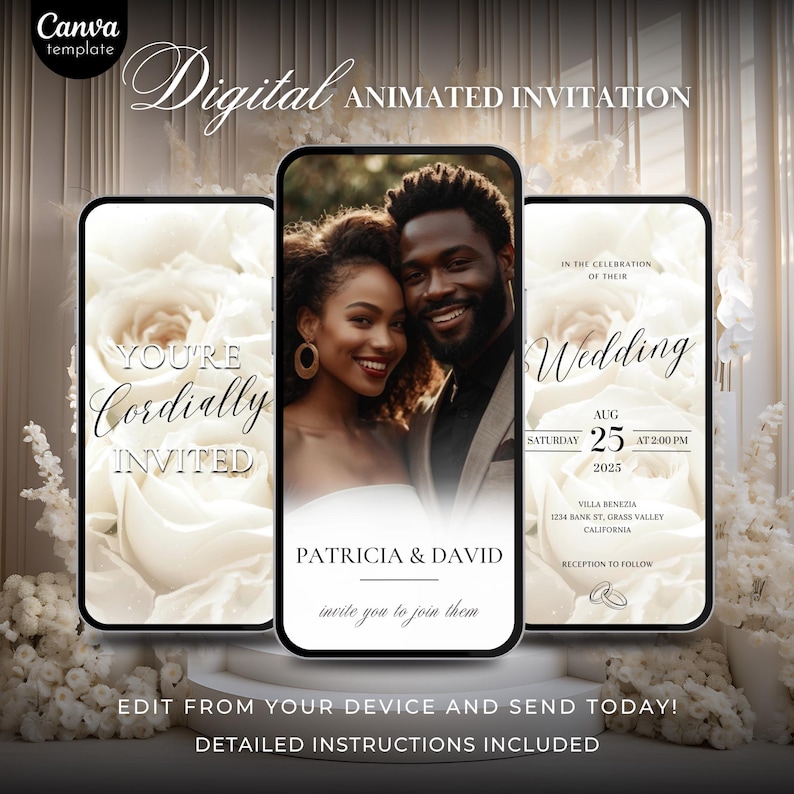 May include: A digital wedding invitation template with a white rose background. The text reads "You're Cordially Invited" and "Patricia & David invite you to join them". The invitation includes the date, time, and location of the wedding.