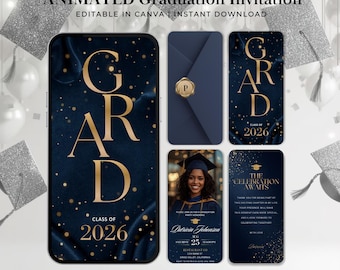 May include: Animated graduation invitation template with a navy blue and gold color scheme. The design includes a smartphone screen with "GRAD CLASS OF 2026" text, an envelope, and a card with a photo of a graduate.