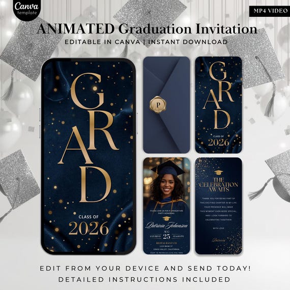 Graduation Invitation Template 2026, Animated Graduation Evite, Editable Canva Grad Party Invite, Navy Blue Gold Graduation Invite