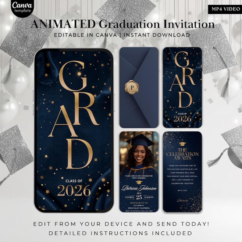 Puede incluir: Plantilla de invitaci&oacute;n de graduaci&oacute;n animada con un esquema de color azul marino y dorado. El dise&ntilde;o incluye una pantalla de tel&eacute;fono inteligente con el texto "GRAD CLASS OF 2026", un sobre y una tarjeta con la foto de una graduada.