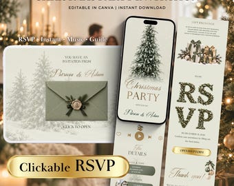 May include: A digital Christmas party invitation template featuring a sage green envelope with a wax seal, a smartphone displaying a pine tree graphic, and a vertical RSVP form with gift exchange details, all editable in Canva for instant download.