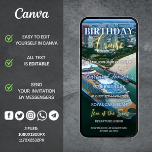 May include: A digital invitation for a birthday cruise. The invitation features a photo of a cruise ship docked in a harbour with a city skyline in the background. The text on the invitation reads "Birthday Cruise", "Please join us to celebrate Barbara Jonson's 35th Birthday", "August 17th-24th 2023", "Royal Caribbean", "Icon of the Seas", "Departure Lisbon", "RSVP to David by August 24th at (123) 456 7890".