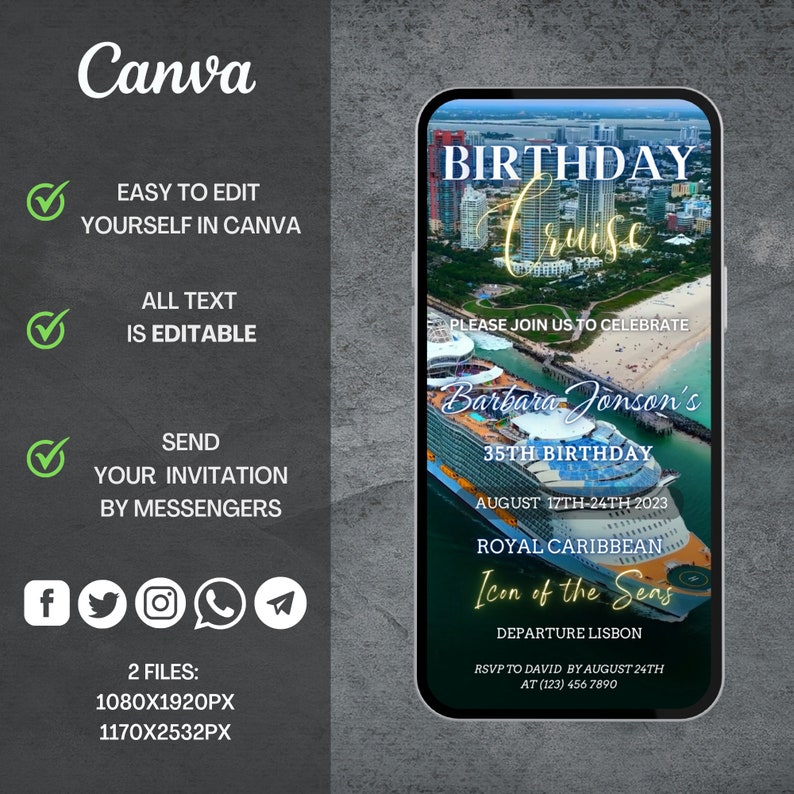 May include: A digital invitation for a birthday cruise. The invitation features a photo of a cruise ship docked in a harbour with a city skyline in the background. The text on the invitation reads "Birthday Cruise", "Please join us to celebrate Barbara Jonson's 35th Birthday", "August 17th-24th 2023", "Royal Caribbean", "Icon of the Seas", "Departure Lisbon", "RSVP to David by August 24th at (123) 456 7890".