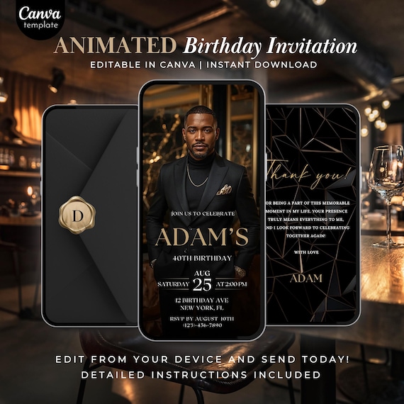 Luxury Black and Gold Birthday Invitation Template for Men | Animated Canva Evite | Editable Digital Party Invite Video for 30th 40th 50th