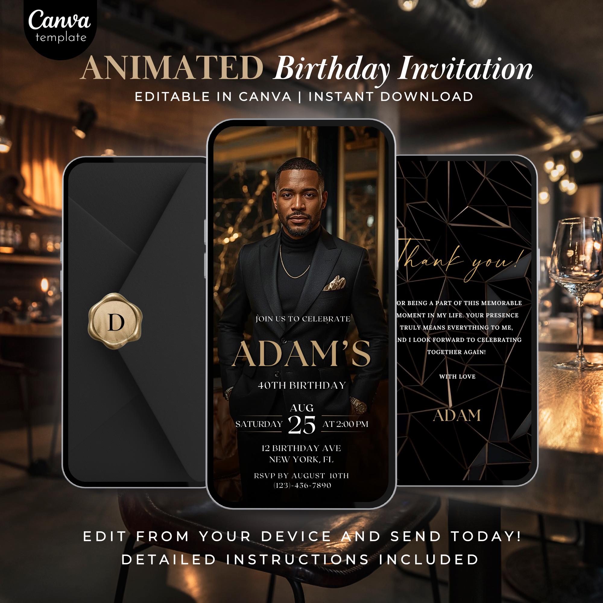 Luxury Black and Gold Birthday Invitation Template for Men | Animated Canva  Evite | Editable Digital Party Invite Video for 30th 40th 50th - Etsy, image size:2000x2000