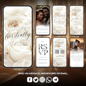 May include: A wedding invitation suite with a white floral design. The invitation includes the couple's names, wedding date, and time. The RSVP card includes a QR code and hotel recommendations. The thank you card features a photo of the couple.