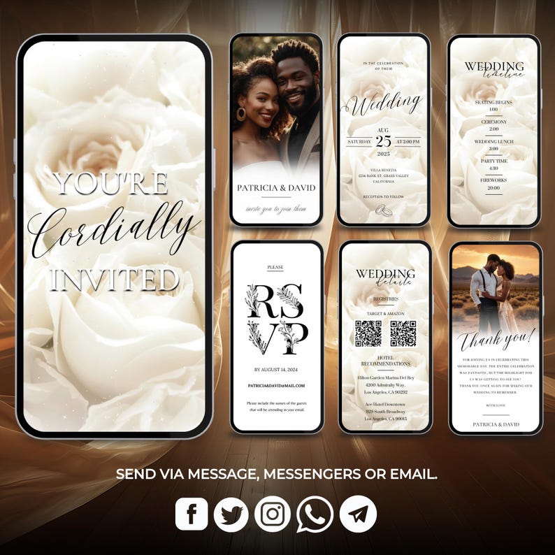 May include: A wedding invitation suite with a white floral design. The invitation includes the couple's names, wedding date, and time. The RSVP card includes a QR code and hotel recommendations. The thank you card features a photo of the couple.