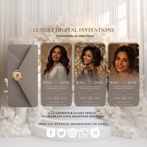 May include: Digital invitation design featuring three portraits of women, a matching envelope, and the text "Luxury Digital Invitations". The invitations read "Save the Date" for a birthday celebration on August 24th.