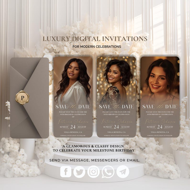 May include: Digital invitation design featuring three portraits of women, a matching envelope, and the text "Luxury Digital Invitations". The invitations read "Save the Date" for a birthday celebration on August 24th.