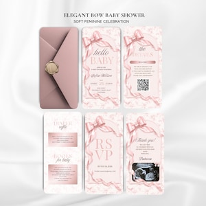 Pu&ograve; includere: Un set di inviti per baby shower in rosa tenue, con un design a fiocco e nastro. Il set include una busta, biglietti d'invito con testo e un biglietto di ringraziamento con un'immagine ecografica. Il testo include "Hello Baby" e "RSVP".