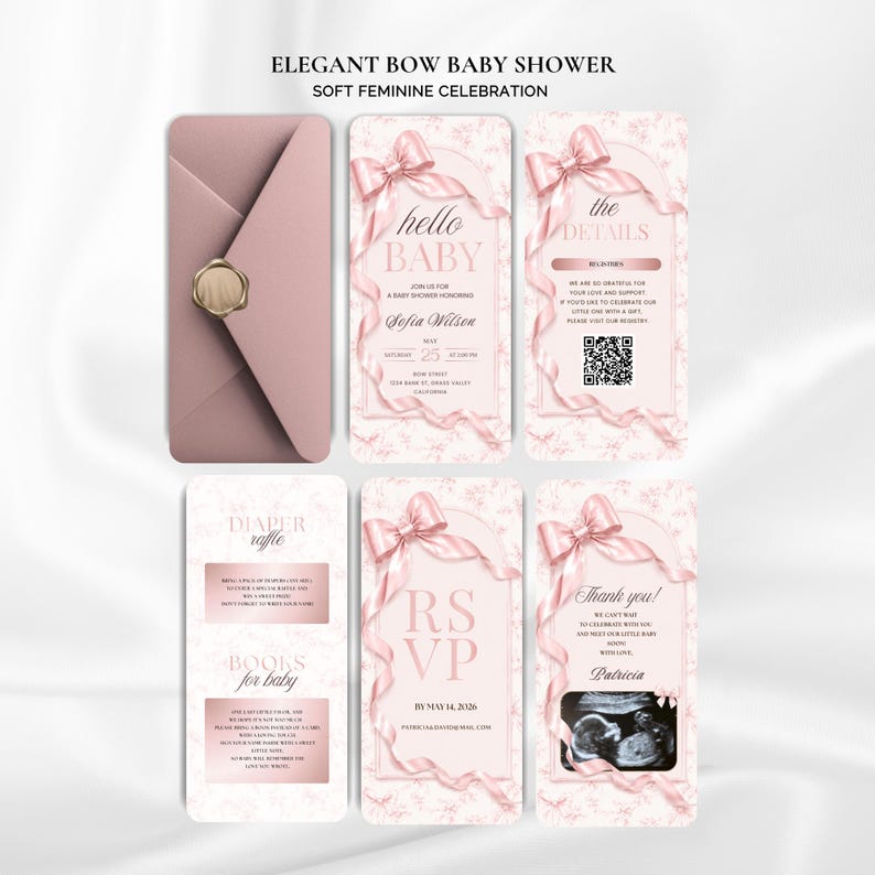 Pu&ograve; includere: Un set di inviti per baby shower in rosa tenue, con un design a fiocco e nastro. Il set include una busta, biglietti d'invito con testo e un biglietto di ringraziamento con un'immagine ecografica. Il testo include "Hello Baby" e "RSVP".