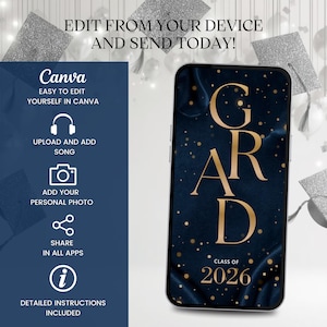 Puede incluir: Un tel&eacute;fono inteligente muestra un anuncio de graduaci&oacute;n con la palabra "GRAD" en letras doradas, el a&ntilde;o "2026" y el texto "&iexcl;Edita desde tu dispositivo y env&iacute;a hoy!". El anuncio est&aacute; sobre un fondo azul oscuro.