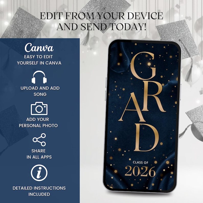 Puede incluir: Un tel&eacute;fono inteligente muestra un anuncio de graduaci&oacute;n con la palabra "GRAD" en letras doradas, el a&ntilde;o "2026" y el texto "&iexcl;Edita desde tu dispositivo y env&iacute;a hoy!". El anuncio est&aacute; sobre un fondo azul oscuro.