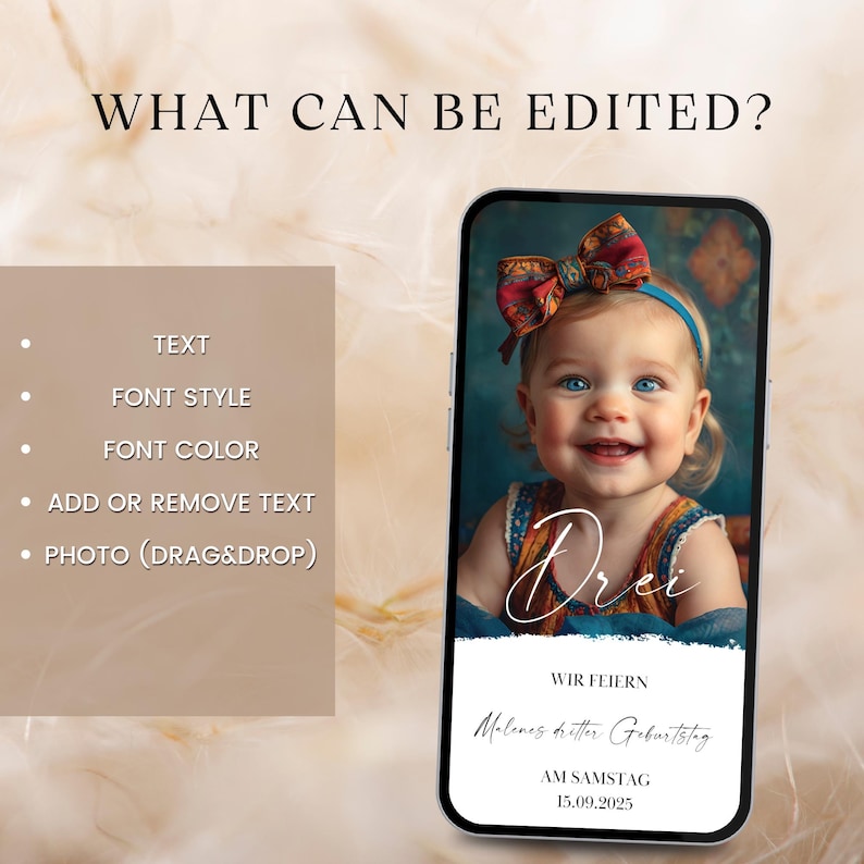 May include: A digital phone screen mockup with a birthday invitation. The invitation has a photo of a baby girl wearing a red and yellow headband. The text on the invitation reads "Wir feiern Malenes dritter Geburtstag am Samstag 15.09.2025".