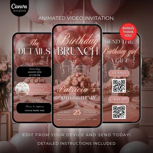 Digitale Geburtstags-Brunch-Party-Einladung, digitale rosa Blumen-Brunch-Telefonnachricht Evite, animierte Einladung, jedes Alter, Video-Brunch-Einladung, DIY