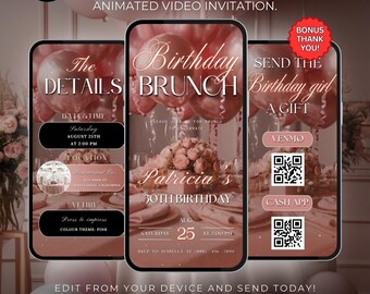 Digital Birthday Brunch Party Invitation,Digital Pink Floral Brunch Phone Message Evite, Animated Invite,Any Age,Video Brunch Invitation,DIY