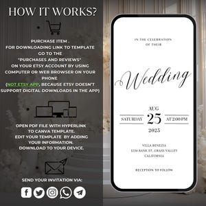 May include: A wedding invitation template on a smartphone screen. The invitation is for a wedding on August 25th, 2025 at 2:00 PM at Villa Benezia in Grass Valley, California. The invitation includes the text "In the celebration of their Wedding".
